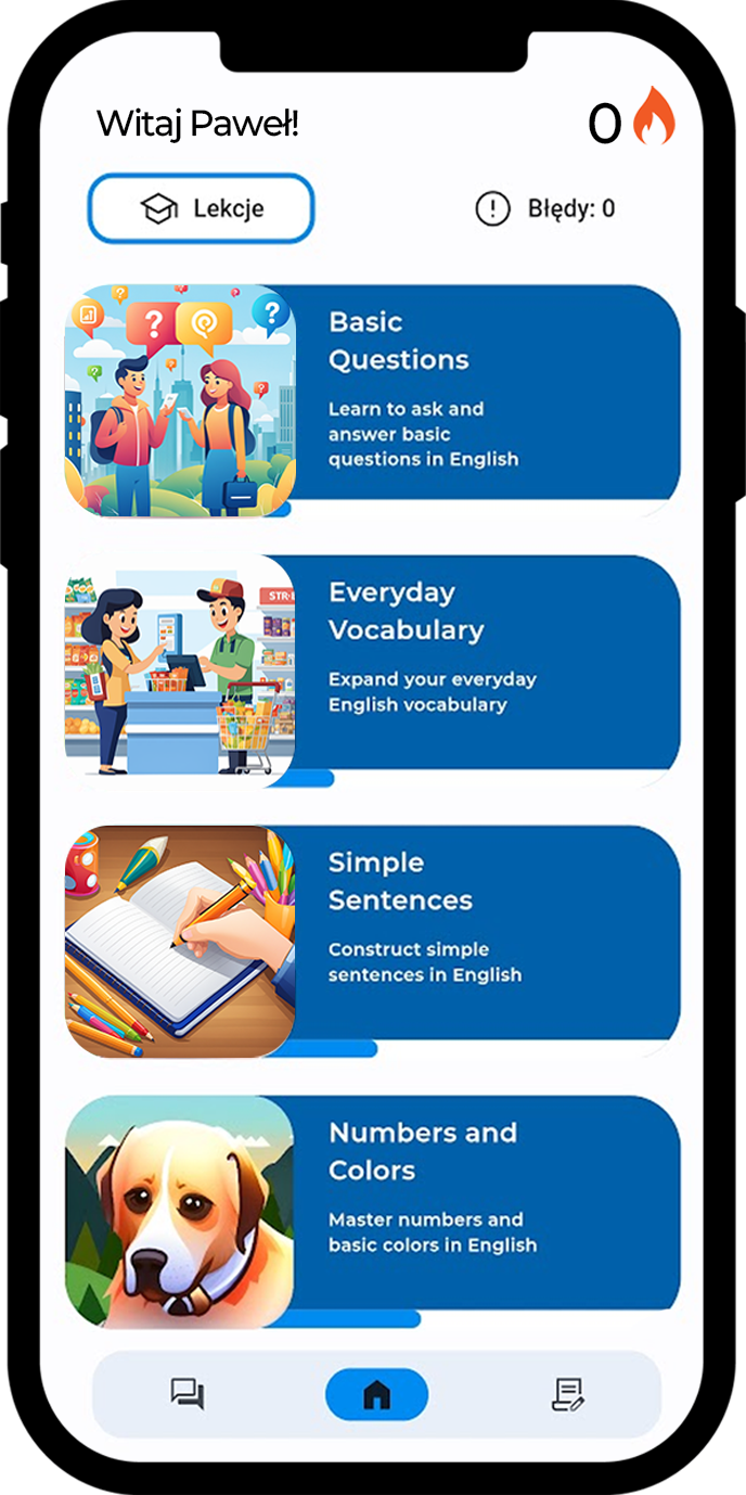 zrzut ekranu przedstawiający kafelki lekcji w aplikacji BorygoAI